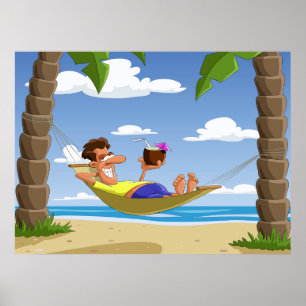 Poster Homem Divertido Relaxando em Rede de Praia