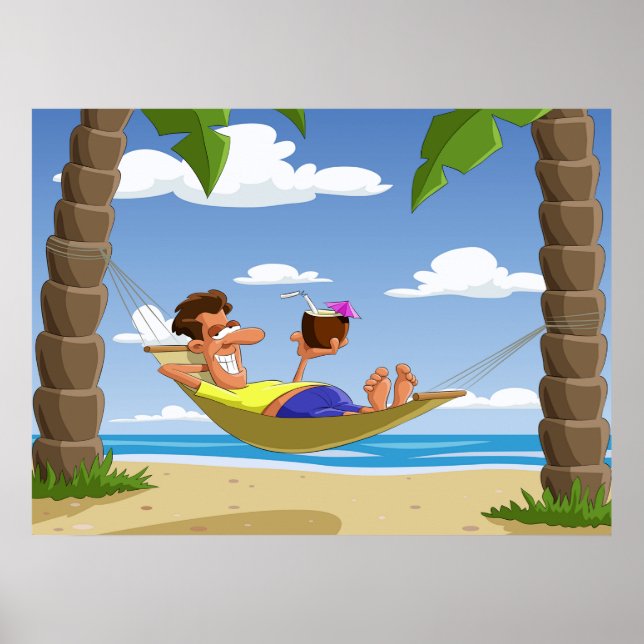 Poster Homem Divertido Relaxando em Rede de Praia (Frente)