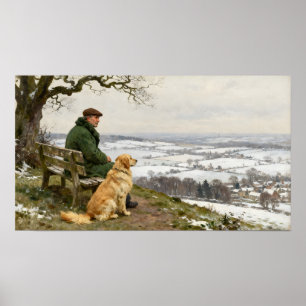 Poster Homem e Cachorro Desfrutando da Vista do Campo de