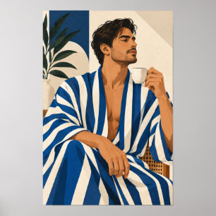Poster Homem Elegante com Café Azul Listras Parede Modern