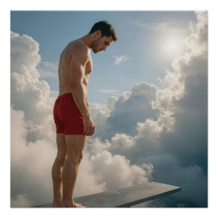 Póster Homem em uma prancha de mergulho nas nuvens