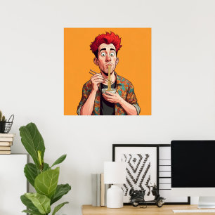 Poster Homem engraçado único comendo seu macarrão alegrem