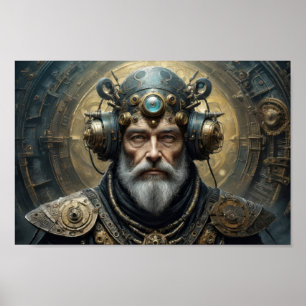Poster Homem futurista, armadura steampunk e capacete psí