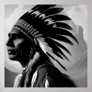 Poster Homem Indígena Americano Nativo Preto Branco Monoc