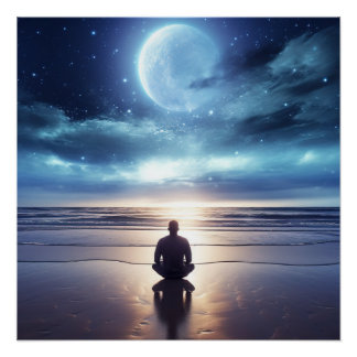 Póster Homem Meditante Espiritual na Praia à Noite
