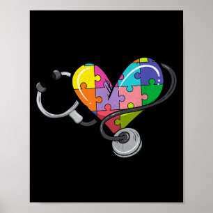 Poster Homem mulher estetoscópio autismo coração colorido