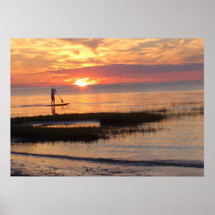 Póster Homem no conselho de pá no por do sol em Cape Cod