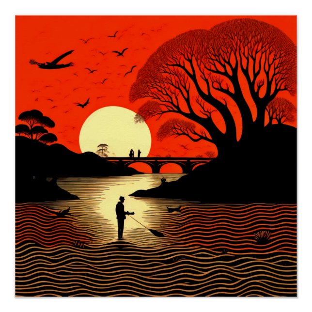 Póster Homem pescando no pôr do sol (Frente)