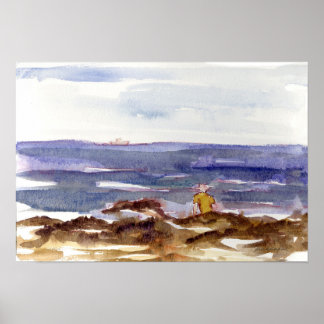 Poster Homem Praia Oceano Pacífico Costa Rochosa Aquarela