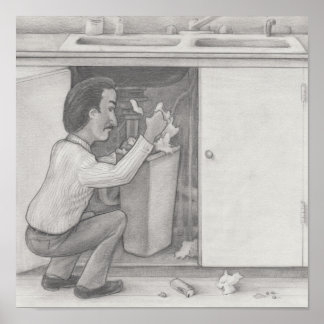 Poster Homem Procurando em um Lixo de Gabinete de Cozinha
