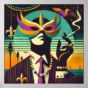 Poster Homem Retro de Meados do Século 60s Mardi Gras O H