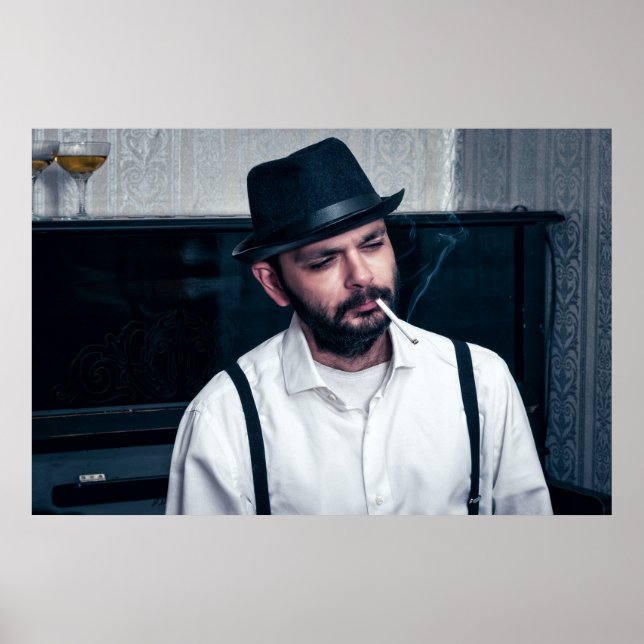 Poster Homem-retrô tocando piano e fumando (Frente)