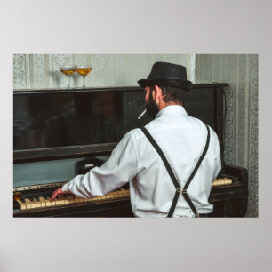 Poster Homem-retrô tocando piano e fumando