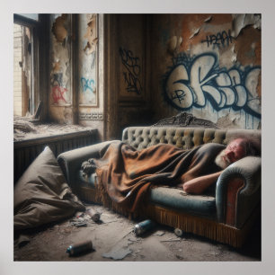 Poster Homem sem-teto dormindo em um prédio abandonado  
