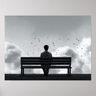 Poster Homem Solitário no Banco Observando Ilustração de 