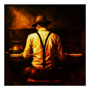 Póster Homem Tocando Piano Por Trás Pintura a Óleo Impres