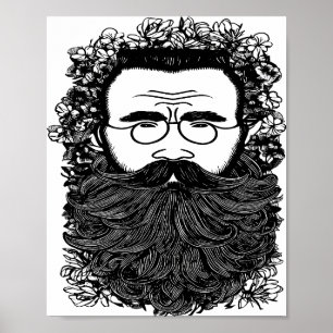 Poster Homem Whimsical Barba bigode flores arte