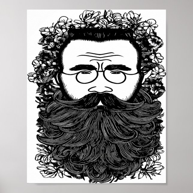 Poster Homem Whimsical Barba bigode flores arte (Frente)