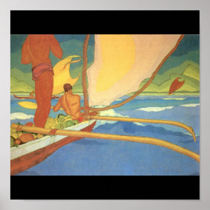 Póster Homens em uma canoa de guiga dirigida para a costa