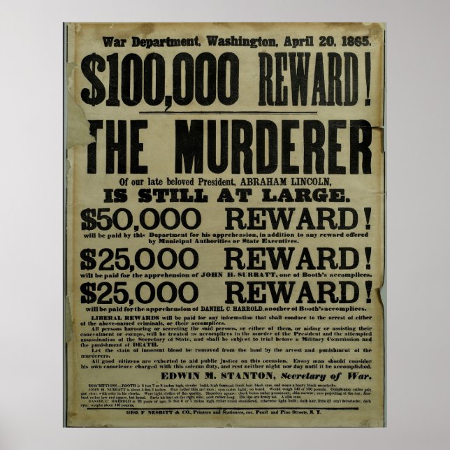 Póster Homicídio de John Wilkes Booth Lincoln (Frente)