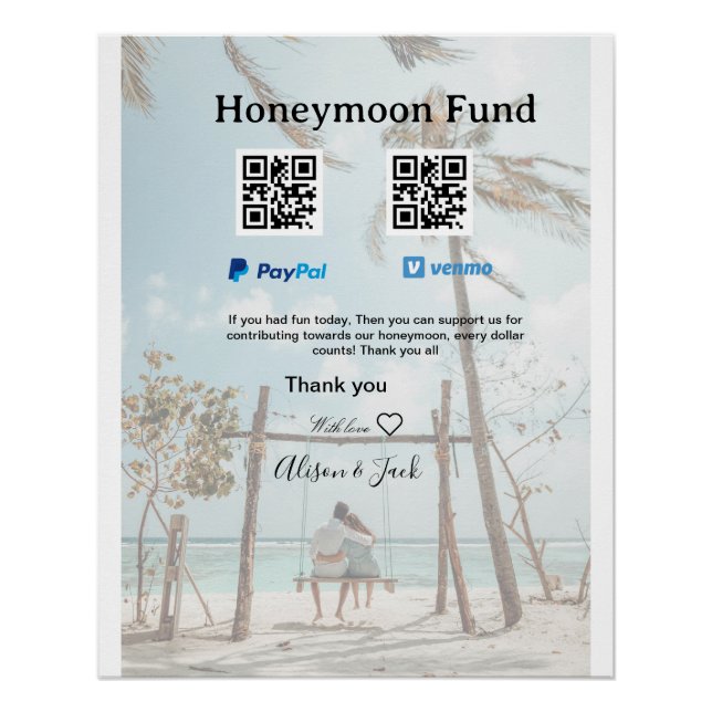 Póster Honeymoon fund venomo paypal donation Q R couple (Frente)