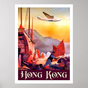 Poster Hong Kong, barcos no porto da cidade, companhia aé