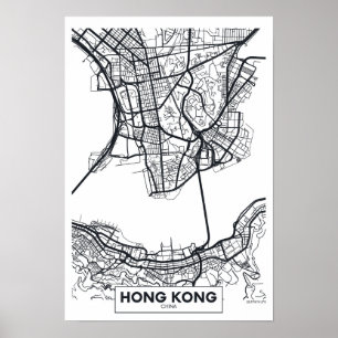 Poster Hong Kong, China   Mapa da cidade de preto e branc