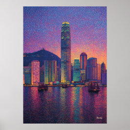Poster Hong Kong Skyline Pointillism Sunset Cityscape