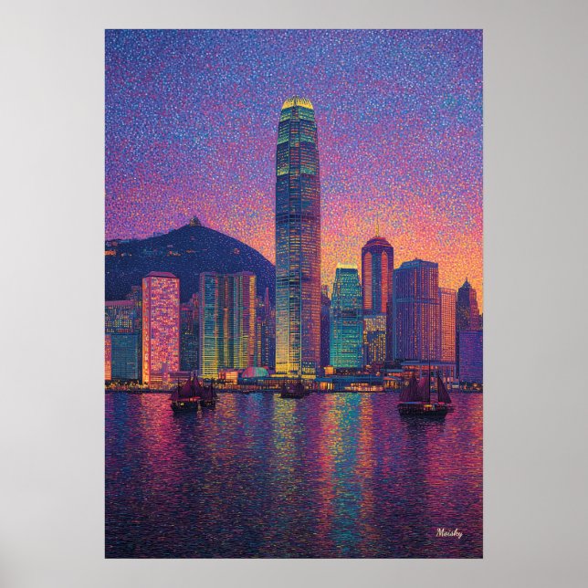 Poster Hong Kong Skyline Pointillism Sunset Cityscape (Frente)