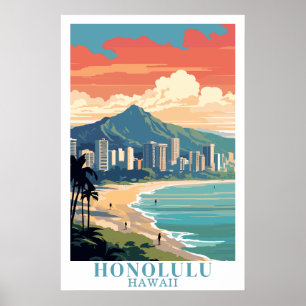Poster Honolulu Havaí Arte de Viagem Antiga Praia Waikiki