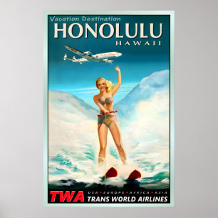 Poster HONOLULU Havaí TWA Trans World Airlines Pacífico