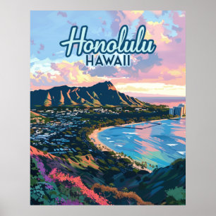 Poster Honolulu Hawaii Oahu Waikiki Beach Diamondhead