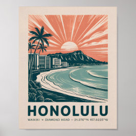 Poster Honolulu Waikiki Diamond Head Paisagem Retro Viage