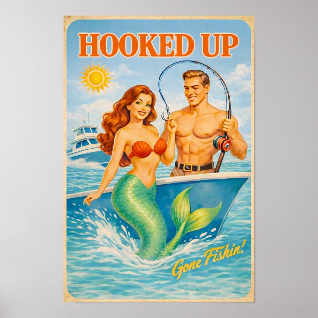 Poster Hooked Up Retro Pin-Up Mermaid | Fishing Boat Art (Frente)