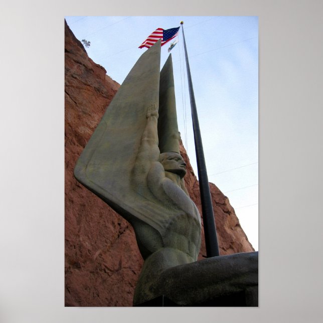Póster Hoover Dam Statu com Bandeira Americana (Frente)