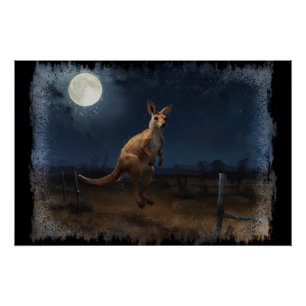 Póster Hopping Kangaroo & Full Moon