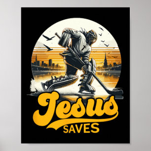 Poster Hóquei Jesus Salva Fã de Esporte Vintage Fé em Cri