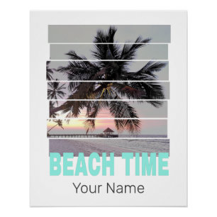 Póster Hora da Praia Vintage Pier Palm Tree Sunset Souven