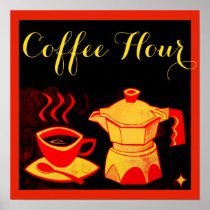 Póster HORA DO CAFÉ /Xícara Vermelha Amarela e Cafeteira