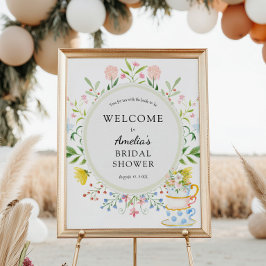 Poster Hora do Chá Chá de Noiva Boas-vindas com Flores Si