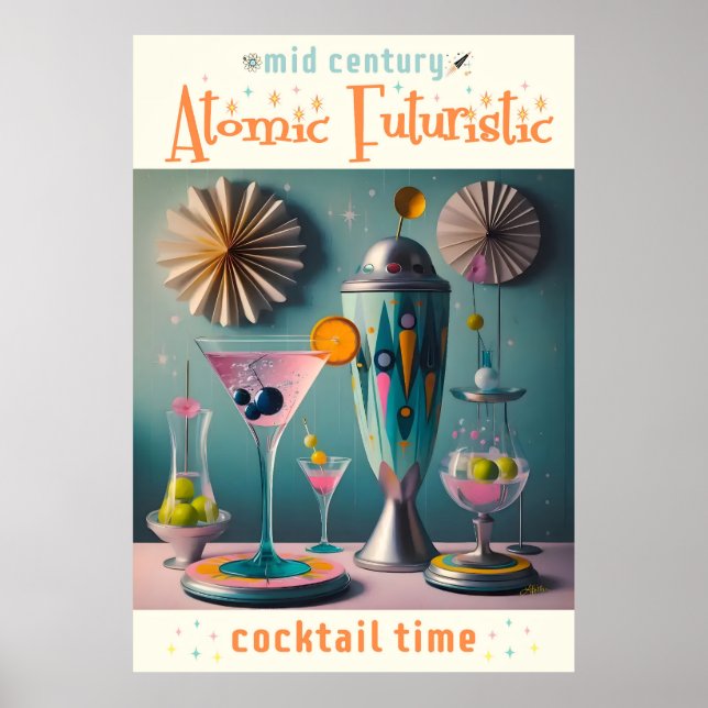 Poster Hora do Cocktail Futurístico do meio século (Frente)