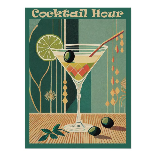 Póster Hora do Coquetel Martini Moderno de Meados do Sécu (Frente)