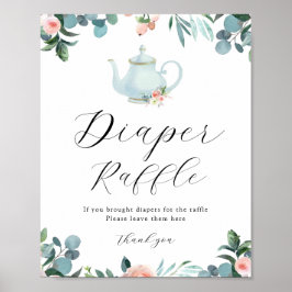 Poster Hora do Sinal de Raffle da Fralda Floral Azul Tea