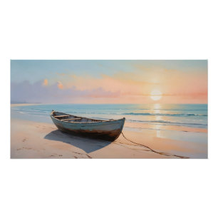 Póster Hora Dourada Praia Tranquila com Barco Costeiro