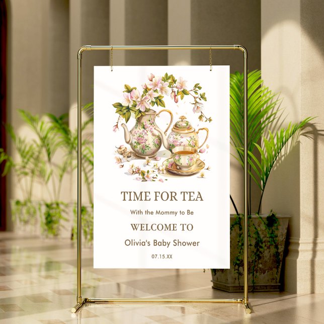 Poster Hora Floral do Bule para o Chá de fraldas Tea Bem- (Floral Teapot Time for Tea Baby Shower Welcome Sign. )
