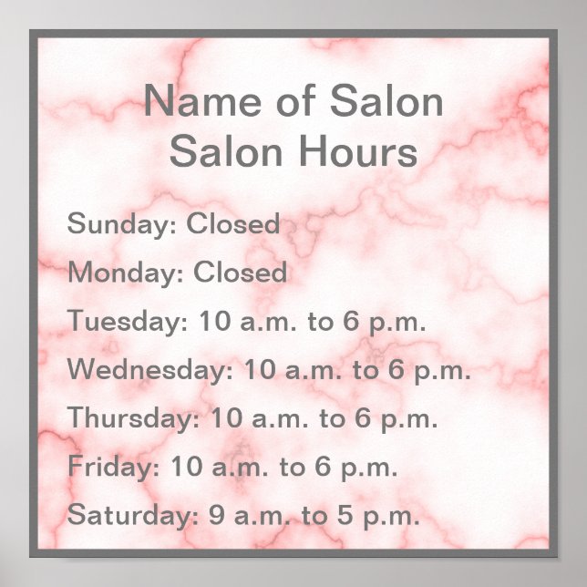 Poster Horas de Operação do Mármore Rosa-Rosa-Elegante (Frente)