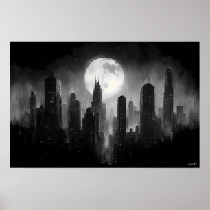 Poster Horizonte da Cidade ao Luar com Lua Cheia - Preto