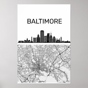 Poster Horizonte da Cidade de Baltimore Maryland Com Mapa