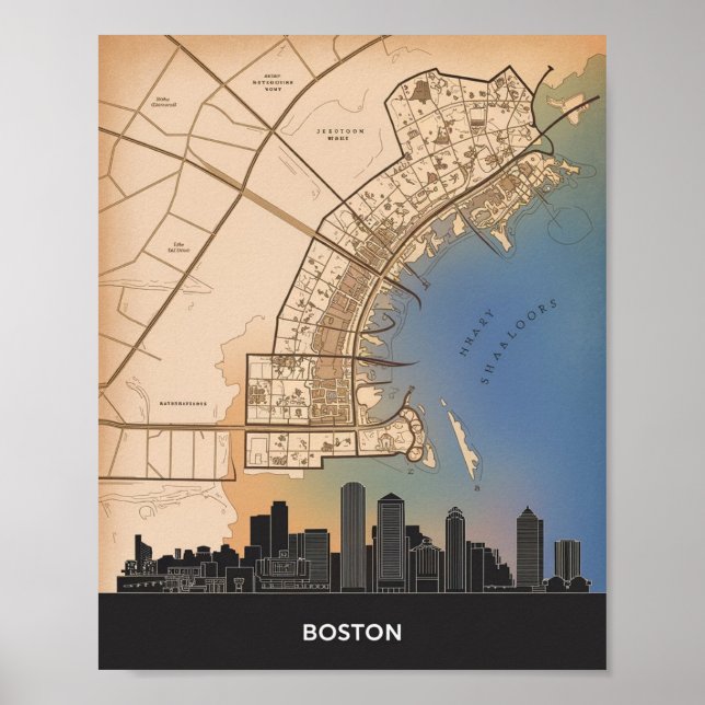 Poster Horizonte da Cidade de Boston Massachusetts Com Ma (Frente)