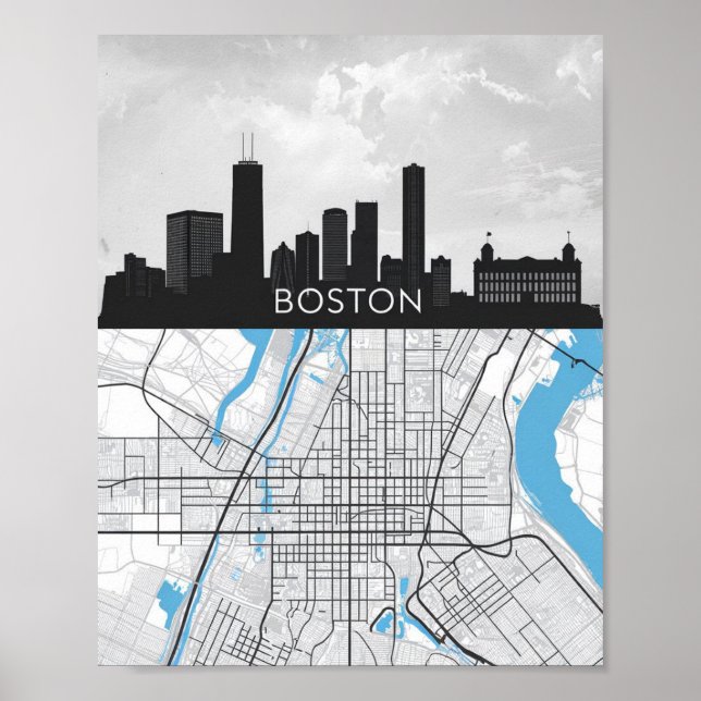 Poster Horizonte da Cidade de Boston Massachusetts Com Ma (Frente)
